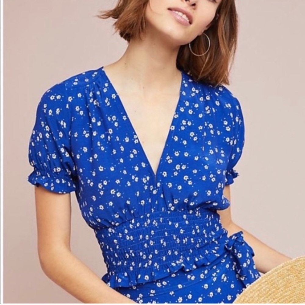 Faithfull The Brand First Light Betina Blue Floral Smocked Top Small